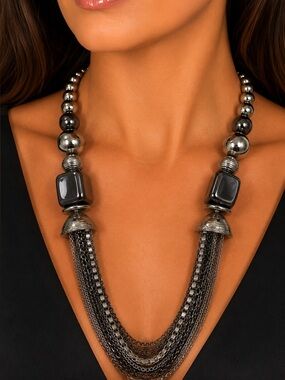 Vintage 90s Faux Hematite Box Chain Swag Drape Necklace Cubist Tribal 28.6'